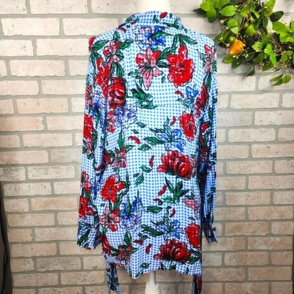 MASSINI Floral Button Up Long Sleeve Gingham Style Blouse Size L - Picture 4 of 9